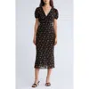 Lush Lace Trim Puff Sleeve Empire Waist Midi Dress In Black