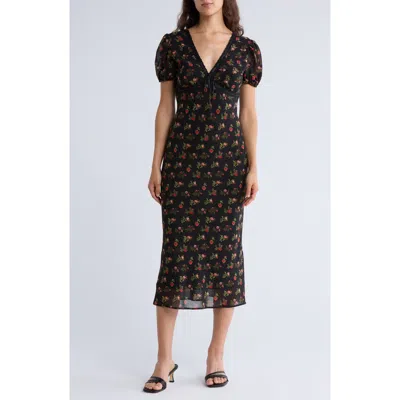 Lush Lace Trim Puff Sleeve Empire Waist Midi Dress In Black