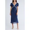 Lush Lace Trim Puff Sleeve Empire Waist Midi Dress In Blue