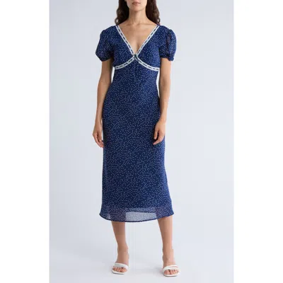Lush Lace Trim Puff Sleeve Empire Waist Midi Dress In Blue