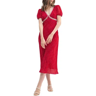 Lush Lace Trim Puff Sleeve Empire Waist Midi Dress In Red Polka Dot