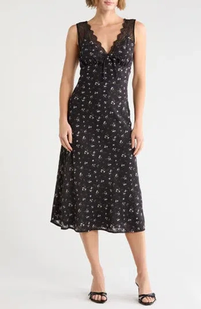 Lush Lace Trim V-neck Midi Dress In Black Floral