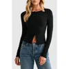 Lush Long Sleeve Button Front Crop Top In Black