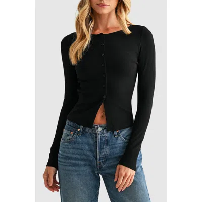 Lush Long Sleeve Button Front Crop Top In Black