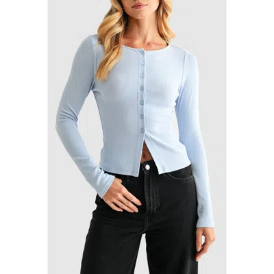Lush Long Sleeve Button Front Crop Top In Blue