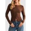 Lush Long Sleeve Button Front Crop Top In Brown