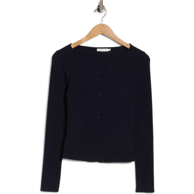 Lush Long Sleeve Button Front Crop Top In Navy