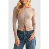 Lush Long Sleeve Button Front Crop Top In Neutral