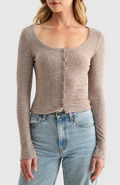 Lush Long Sleeve Button Front Knit Top In Brown
