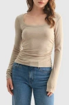 Lush Long Sleeve Ruched Top In Brown