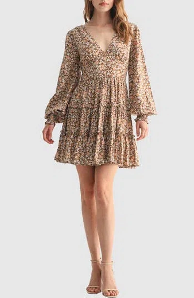 Lush Long Sleeve Ruffle Minidress In Brown