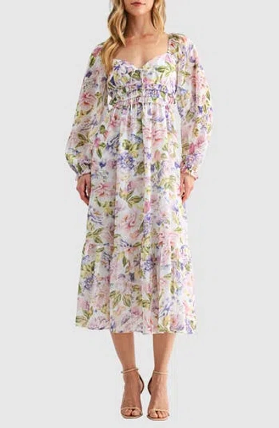 Lush Long Sleeve Tiered Midi Dress In Multi