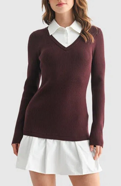 Lush Long Sleeve Twofer Polo Sweater Dress In Gold