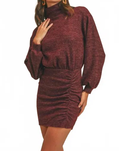 Lush Mock Neck Cinched Knit Dress In Burgundy
