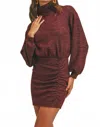 Lush Mock Neck Cinched Knit Dress In Burgundy In White