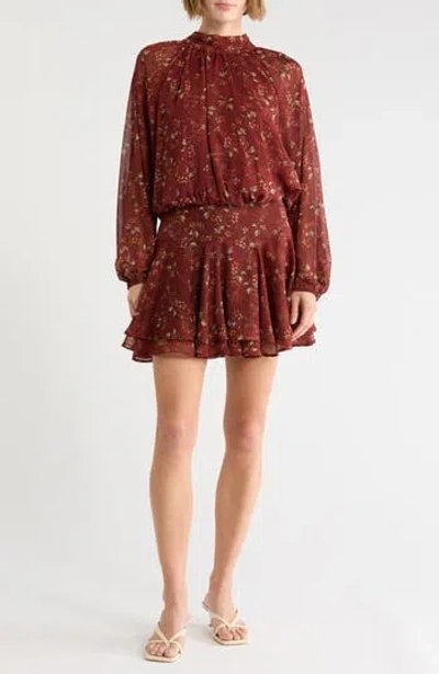 Lush Mock Neck Long Sleeve Minidress In Rust Floral