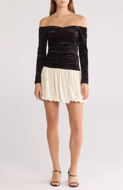 Lush Off The Shoulder Long Sleeve Bubble Hem Minidress In Black Ivory