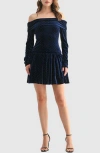 Lush Off The Shoulder Long Sleeve Rhinestone Velvet Minidress In Blue