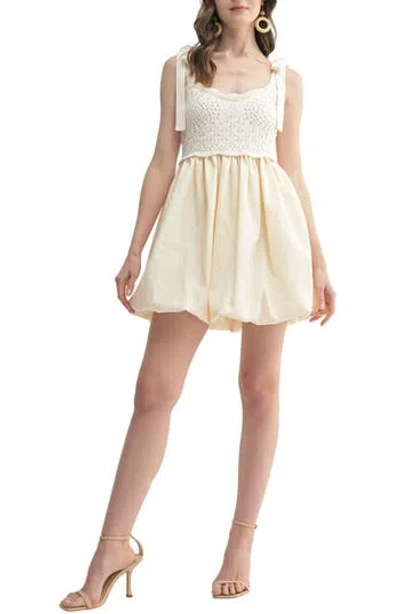 Lush Openwork Trim Mixed Media Minidress In Cream
