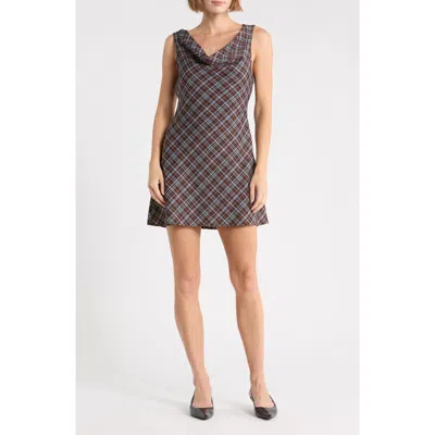 Lush Plaid Cowl Neck Minidress In Brown Blue Plaid