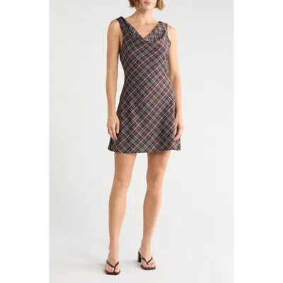 Lush Plaid Cowl Neck Minidress In Brown Floral