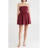 Lush Pleated Bodice Strapless Minidress In Burgundy