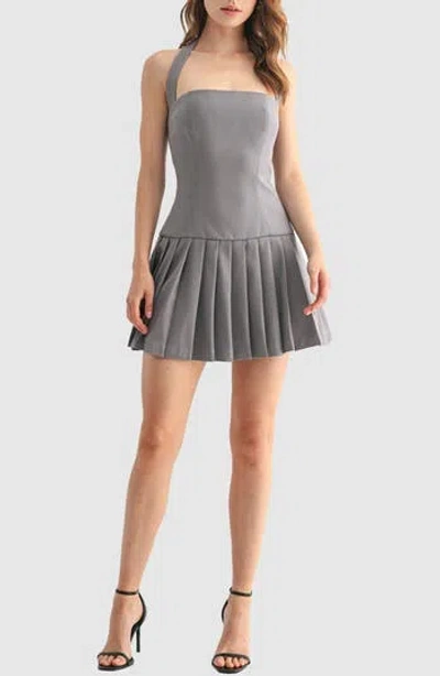 Lush Pleated Drop Waist Halter Minidress In Gold