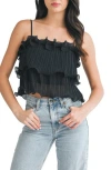 Lush Pleated Ruffle Tiered Crop Top In Black