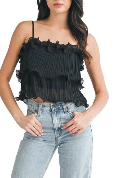 Lush Pleated Ruffle Tiered Crop Top In Black