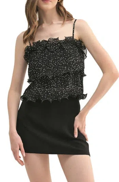 Lush Pleated Ruffle Tiered Crop Top In Black Cream Dot