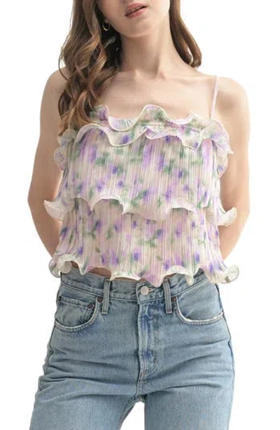 Lush Pleated Ruffle Tiered Crop Top In Lilac Floral