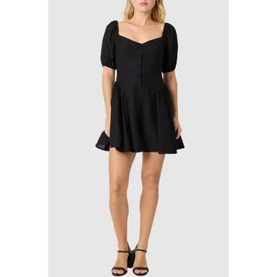 Lush Puff Sleeve Button Front Dress In Black
