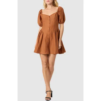 Lush Puff Sleeve Button Front Dress In Brown