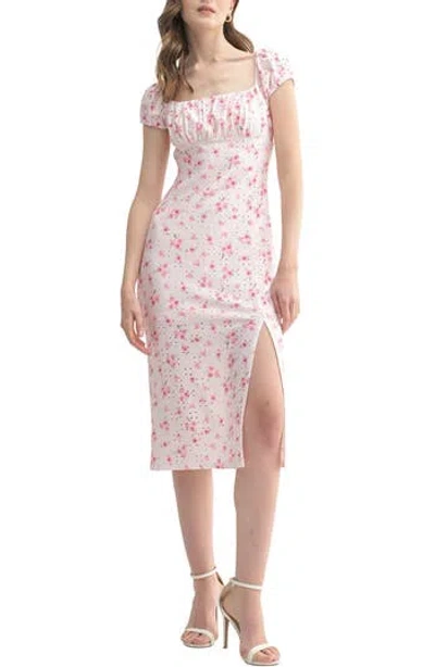 Lush Puff Sleeve Eyelet Midi Dress In Pink Ditsy