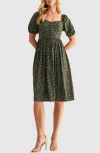 Lush Puff Sleeve Lace Trim Midi Dress In Green
