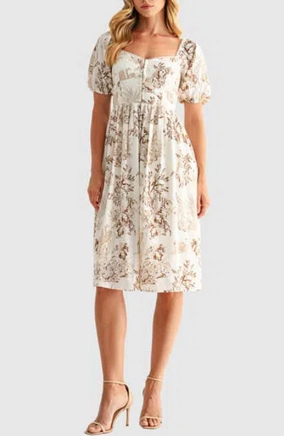 Lush Puff Sleeve Lace Trim Midi Dress In White