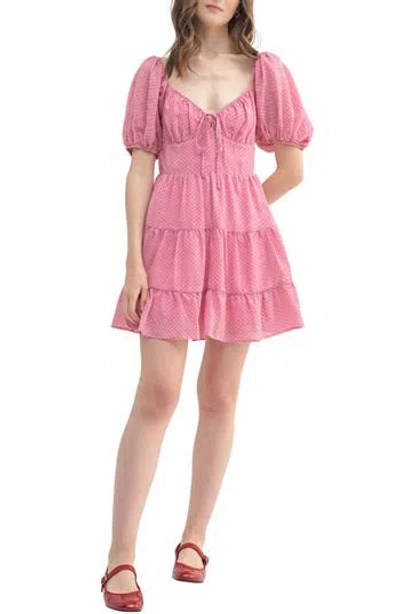 Lush Puff Sleeve Tiered Minidress In Pink Red Dot