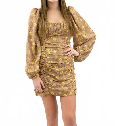Lush Ruched Mini Dress In Mocha Base With Golden Floral Print In Multi