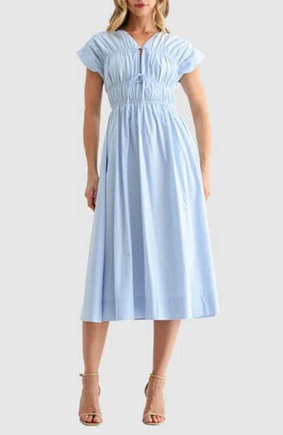 Lush Ruched Tie Front Midi Dress In Blue