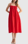 Lush Ruffle Empire Waist Cotton Midi Dress In Red