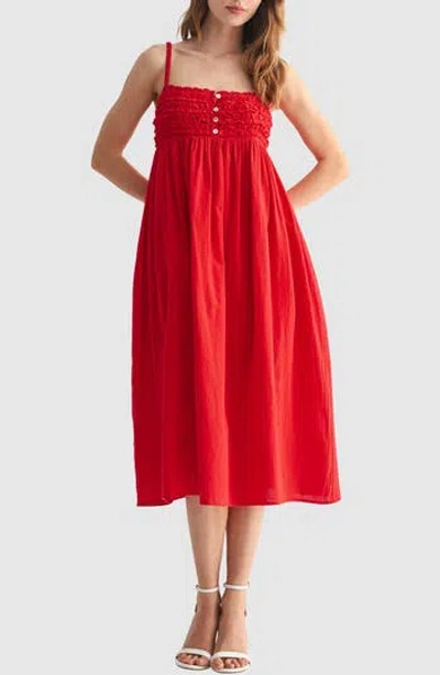 Lush Ruffle Empire Waist Cotton Midi Dress In Red