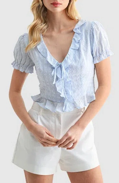 Lush Ruffle Trim Tie Front Top In Blue