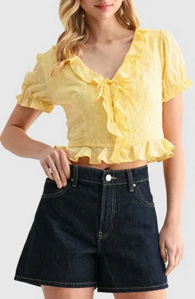 Lush Ruffle Trim Tie Front Top In Yellow