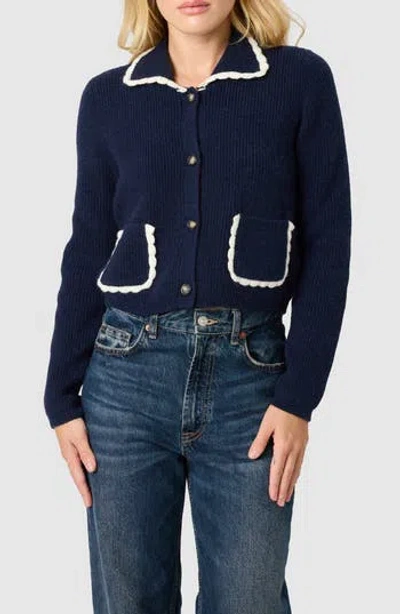 Lush Scalloped Trim Cardigan In Navy Cream