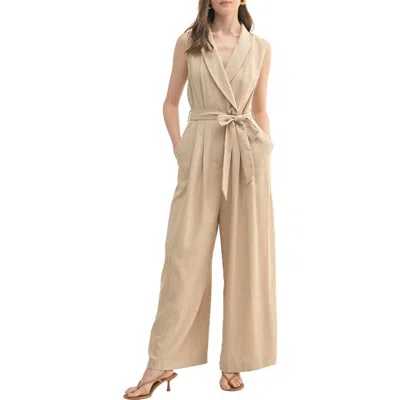 Lush Shawl Collar Tie Waist Jumpsuit In Taupe