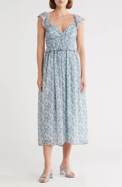 Lush Shirred Flutter Sleeve Midi Dress In Blue
