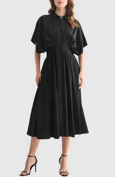 Lush Short Sleeve Pleated Midi Shirtdress In Black