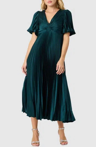 Lush Short Sleeve Pleated Satin Midi Dress In Green