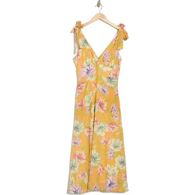 Lush Shoulder Tie Floral Print Dress In Mustard Multi