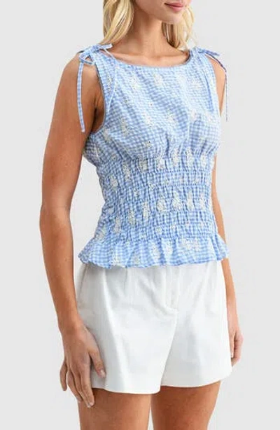 Lush Shoulder Tie Smocked Top In Blue